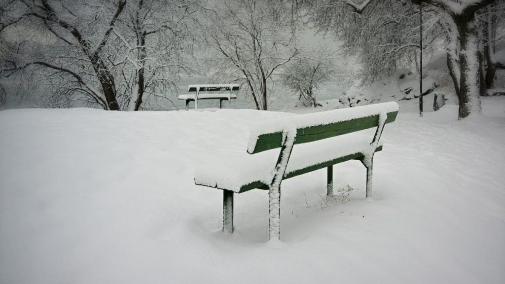 snowy bench in a park.