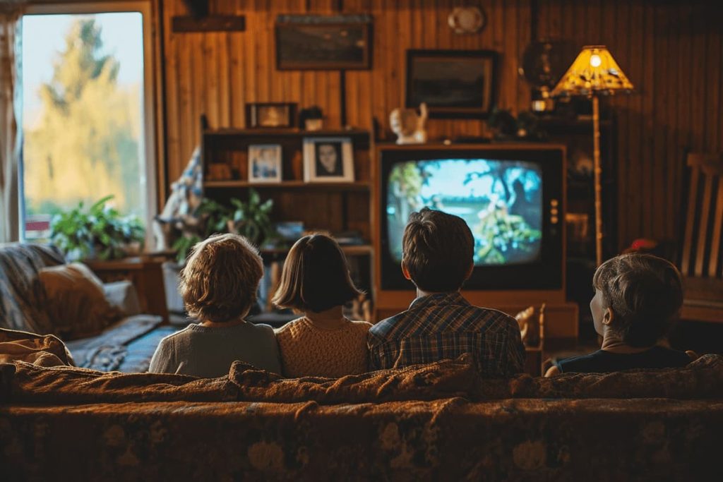 Family from the 1980s watching TV.