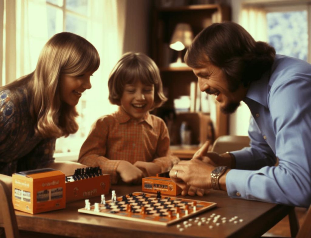 Family playing board game in the 1970s.