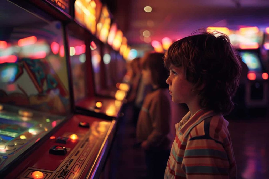 Kids in a 1980s arcade.