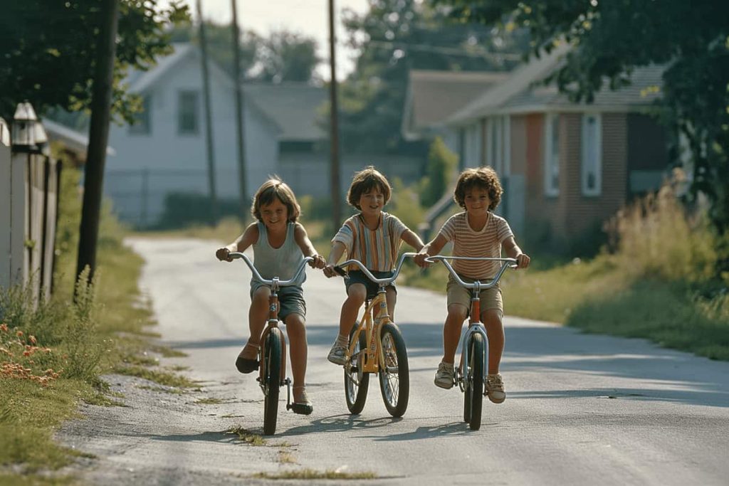 Kids riding bikes in the 1980s
