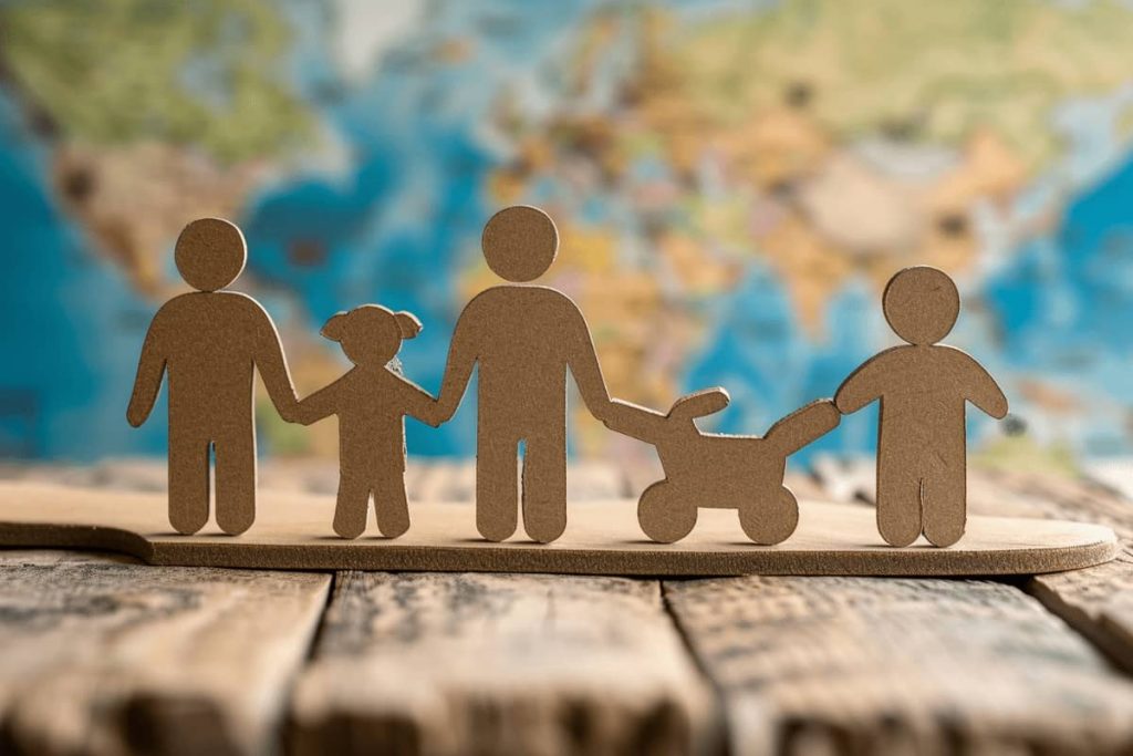 cardboard cut out family next to a map of the world.