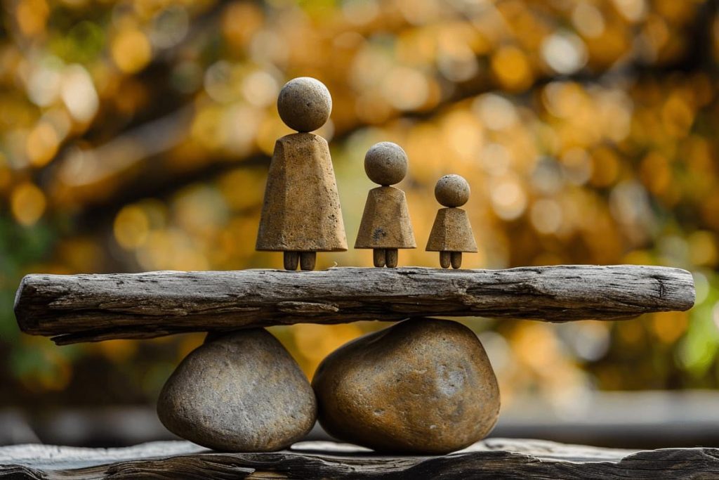 rocks shaped like a family on a balancing board.