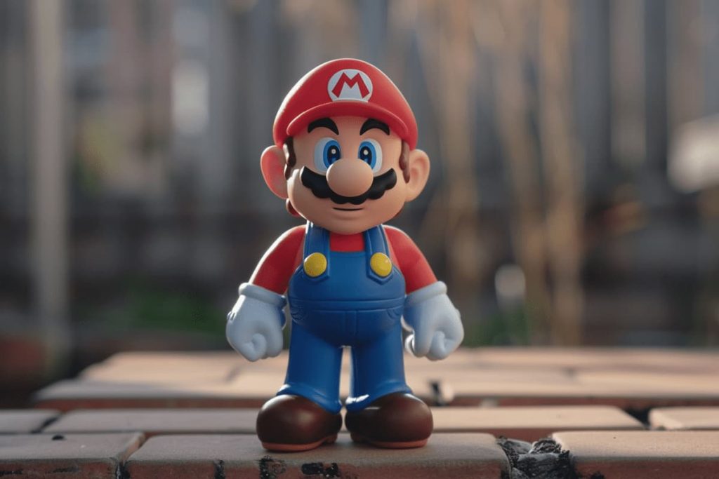 Mario figurine outside on red bricks.