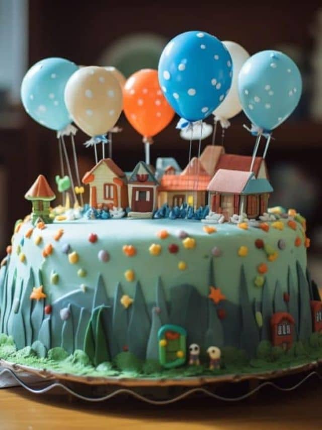 birthday cake with balloons.