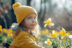 Little girl with flowers outside during spring.