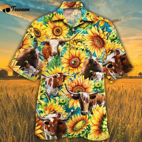 Bobsgardens Sunflower TX Longhorn Cattle All Printed 3D Hawaiian Shirt