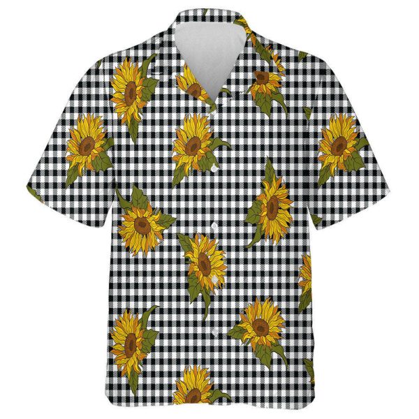 Bright Sunflowers On Black White Buffalo Plaid Background Hawaiian Shirt