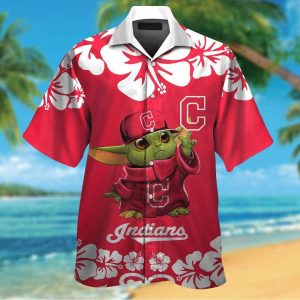 Cleveland Indians Baby Yoda Short Sleeve Button Up Tropical Aloha Hawaiian Shirt Set for Men Women Kids