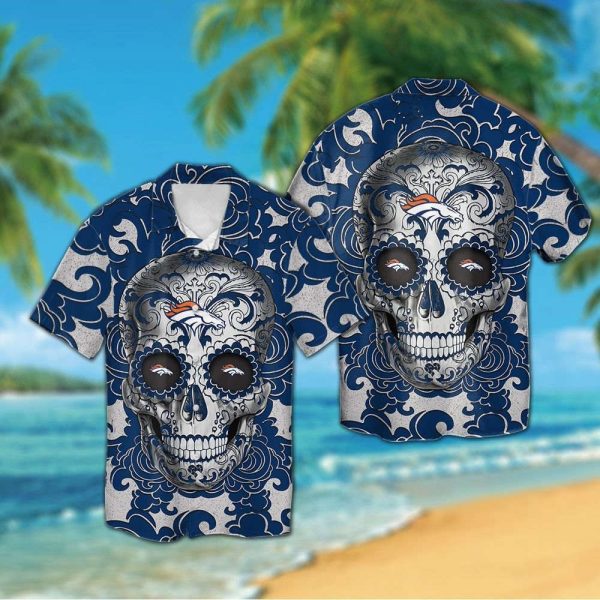 Denver Broncos Sugarskull Short Sleeve Button Up Tropical Aloha Hawaiian Shirt Set for Men Women Kids