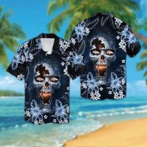 Denver Broncosskull Short Sleeve Button Up Tropical Aloha Hawaiian Shirt Set for Men Women Gift for Fans