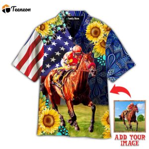 Horse Racing Sunflower Custom Photo Hawaiian Shirt