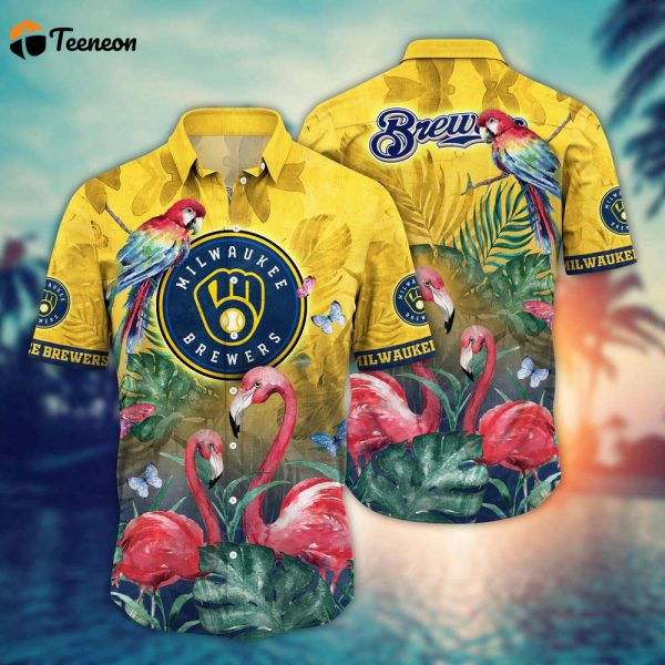 MLB Milwaukee Brewers Hawaiian Shirt Flower Pink Crane Pattern For Fans